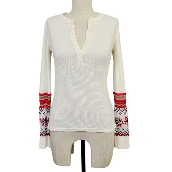 We The Free People Top S Cream Red Sweater Sleeve Crocheted Boho Thermal Popover - Picture 1 of 11